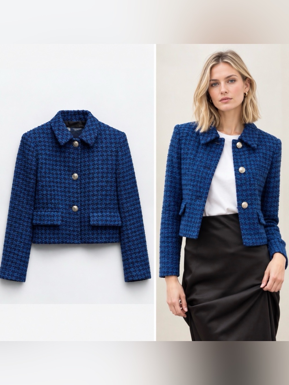ZARA - women’s Textured blue black Houndstooth blazer gold button short jacket M